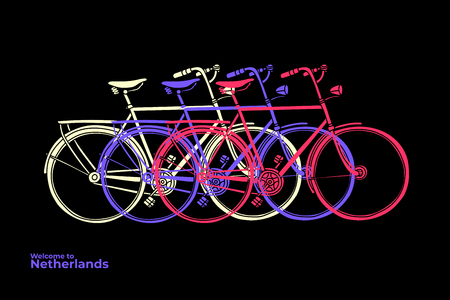 Image of an urban multi-colored bikes on a black background. You can use it to decorate a poster or postcard. Vector illustration.のイラスト素材
