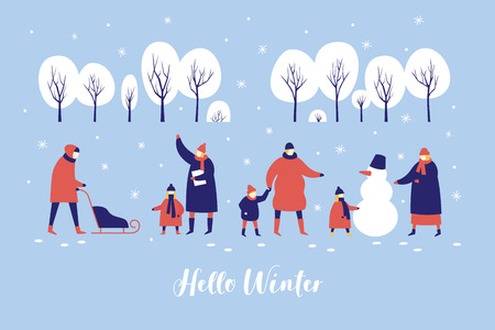 Snowy park People make snowman and sledding in forest. Concept of active recreation. Happy winter holidays. Vector colorful seasonal illustration.のイラスト素材