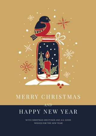 Template greeting card with image of bullfinch; decorative candlestick with candle; snowflakes. Decorative holiday composition for New Year and Christmas. Happy winter holidays. Vector illustration.のイラスト素材