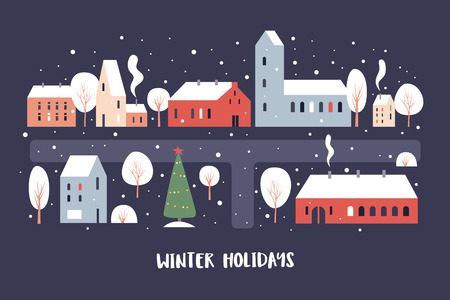 Illustration of snowfall in winter Map of trees and trees. Happy winter holidays. Vector colorful image.のイラスト素材