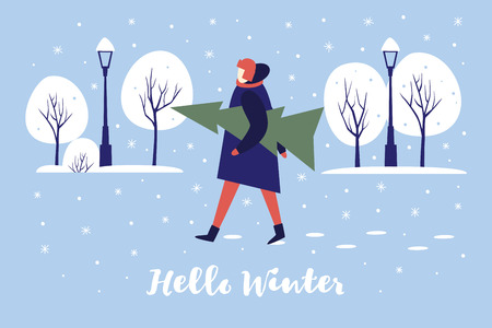 Snow-covered park. Happy Holidays Composition for New Year and Christmas. Vector colorful seasonal images.のイラスト素材