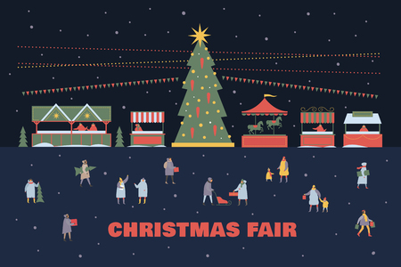 Christmas and New Year's fir tree. Fair trade tents and merry-go-round under snowfall. Happy winter holidays. Vector colorful seasonal images.のイラスト素材