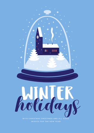 Christmas greeting card on blue background. Decorative holiday composition for New Year and Christmas. Vector seasonal illustration.のイラスト素材