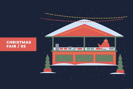 Christmas tent decorated with garland and Christmas trees. Seller selling gifts. Decorative composition is ideal for New Years cards, posters. Vector colorful illustration.のイラスト素材
