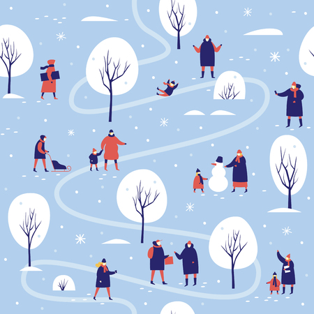 Snowy covered park in winter People make snowman and sledding in the forest. Seamless pattern for winter, new year and christmas theme. Vector seasonal illustration.のイラスト素材