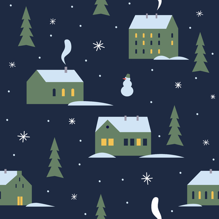 Urban winter evening landscape with green trees. Little cute town in snow. Seamless pattern for winter, new year and christmas theme. Vector illustration.のイラスト素材