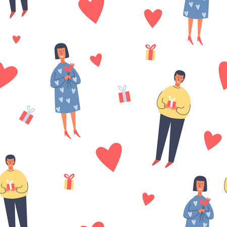 Valentine`s Day. Lovers of happy young people hugging on a white background. Vector seamless illustration.のイラスト素材