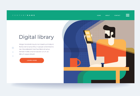 Concept digital and online libraries. Ebooks. Phone app in the smartphone phone app bookstore. Homepage. Header for website. Vector flat illustration.のイラスト素材