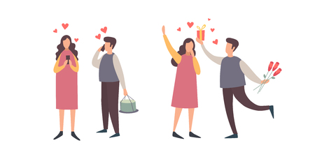 Happy Valentines Day. A set of romantic characters in various poses. Happy couple in love making phone calls. A young man gives a gift to his girlfriend. Vector flat illustration.のイラスト素材