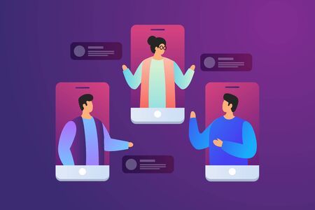 Chatting with colleagues using mobile phones. Discuss news, social networks. Colleagues are negotiating. People with speech bubbles dialogs. Vector flat illustration.のイラスト素材