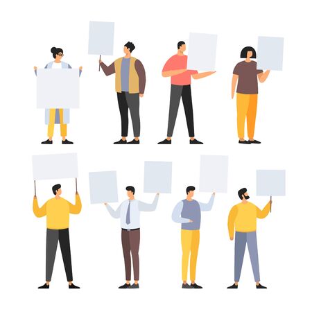 Group of activists are holding signs and postersin their hands. Demonstration of people protest. Men standing together with empty banners on strike. Vector flat illustration.のイラスト素材