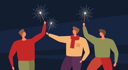 Image on the theme of the holiday and parties. Three young people with Bengal lights celebrate a joyful event. Vector illustration.のイラスト素材