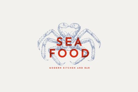 template with an image of a blue king crab drawn by graphic lines on a light background. Retro emblem for the menu of fish restaurants, markets and shops. Vector vintage engraving illustration.のイラスト素材