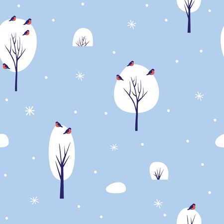 Seamless pattern with winter nature on blue background. Snow-covered trees and bullfinches showered...