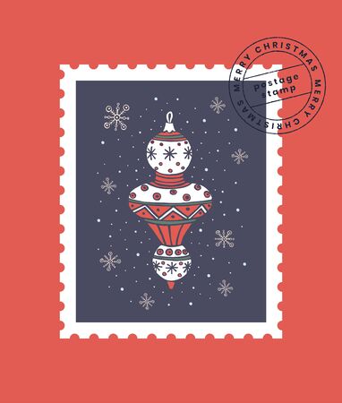 Festive postage stamp with Christmas tree toy, snowflakes and stamp print. Greeting card template for happy New Year holidays in flat style. Winter vector illustration on a red background.のイラスト素材