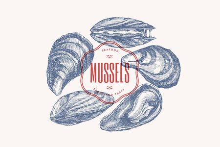 Hand-drawn set of mussels in different foreshortening vector illustration. Seashells in engraving style on a light background. Seafood. The menu design element of a fish restaurant, market or store.のイラスト素材