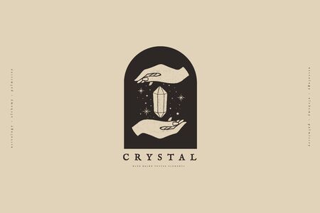 template with hands and crystal vector illustration. Magic quartz stone sparkles and soars. Mystical retro symbols for spiritual practices of ethnic magic and astrological rites.のイラスト素材