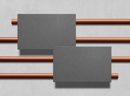 Two business cards. Mock up. Gray business cards template for your design on copper pipes background. Corporate templates, identity design, company style. Top view. Illustration.の写真素材