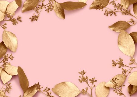 Holiday background. Space for text in a frame of golden leaves. Design element for wedding and family celebrations, cards, banners. Top view. 3d illustration on a pink background.の写真素材