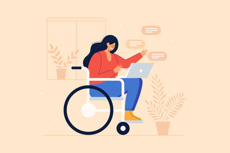 Young joyful girl in a wheelchair communicates via internet applications on a laptop. Communication and correspondence through social networks of people with reduced mobility. Vector illustration.のイラスト素材