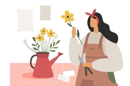 The girl makes a bouquet of wildflowers. Florist works in his shop. A young woman at the counter, draws up flower arrangements. Illustration in trendy flat style.のイラスト素材