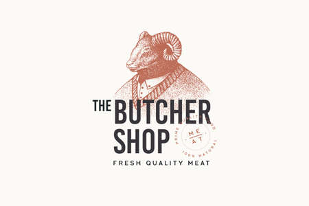 Image of a man-ram in a sweater in the technique of engraving and the inscription: "Butcher Shop" on light background. Template   in retro style.のイラスト素材