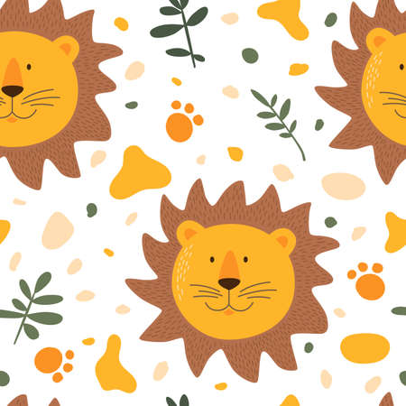 Seamless pattern with cute lion and his tracks. Funny cartoon muzzles lion. Cartoon illustration.のイラスト素材