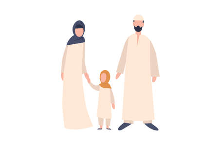 Young Arab family. The man is an Arab in a long white dress and a knitted hat. Woman and girl in long Muslim dress and headscarf.のイラスト素材