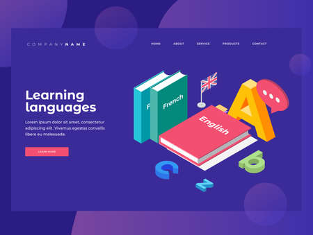 Illustration on theme of learning and teaching of foreign languages. Textbooks in French and English, England flag and letters of Latin alphabet. Homepage 3D isometric flat design. Landing Page.のイラスト素材