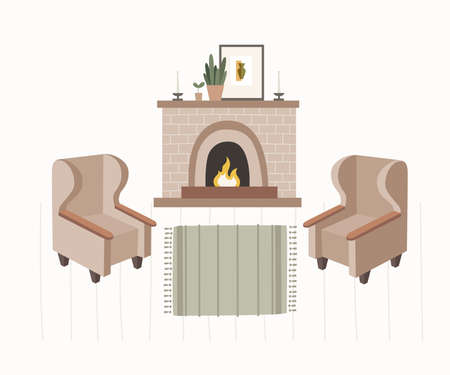 Collection of interior items of living room creating home comfort: fireplace with burning fire, soft armchairs, flower in pot, picture, carpet, candles. Vector illustration in trendy flat style.のイラスト素材