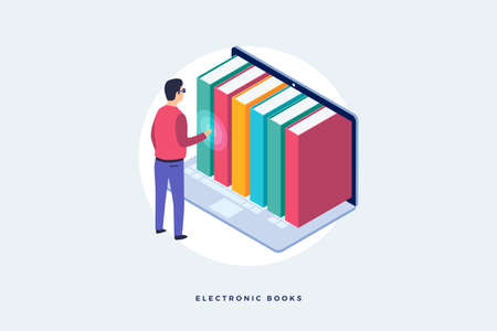 Concept of electronic books. An image of man standing in front of laptop and electronic books. Isometric vector illustration.のイラスト素材