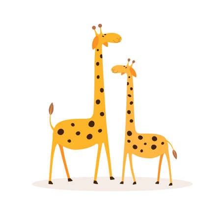 Two cute cartoon giraffe flat illustrations. Charming African animals on isolated background. Exotic fauna of savanna.のイラスト素材