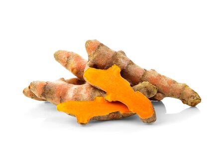 Close-up Turmeric (Curcuma longa Linn) rhizome (root) isolated on white background.の写真素材