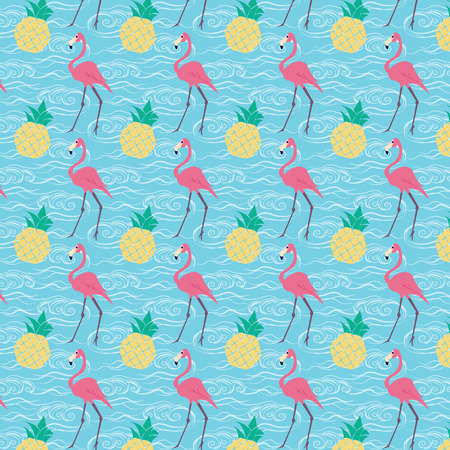 seamless repeat pineapples and flamingo patternのイラスト素材