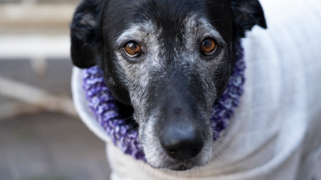 Portrait of a black dog in a purple scarf. Close-up.の写真素材