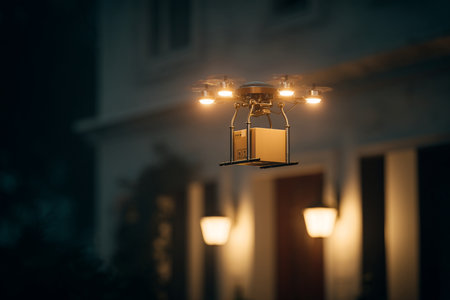Remotecontrolled aircraft delivering packages over calm suburban landscape at sunset, Sunsetoperated drone autonomously transporting goods across tranquil residential areas under warm evening glowの写真素材