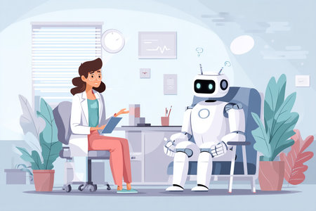 Medical robot consultation, Healthcare professional reviews data alongside android partner, Feminine medical expert discusses patient information with futuristic humanoid robot in bright clinicの素材