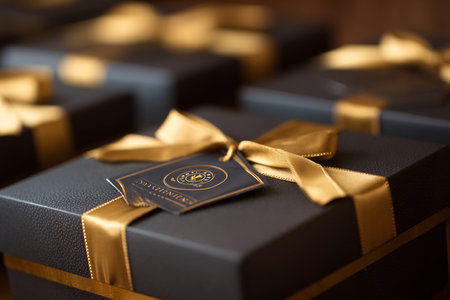elegant wrapped presents under warm lighting, sophisticated packaging adorned with satin bows and golden accents, refined decorative boxes featuring silky bows and gentle ambient glow for festivitiesの素材