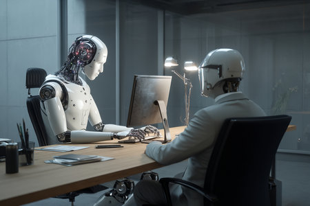 Robot recruiter facing helmeted candidate across table, glass office setting with monitor glow, formal evaluation forms, cold lighting corporate atmosphere reflecting aidriven hiring decisionsの素材