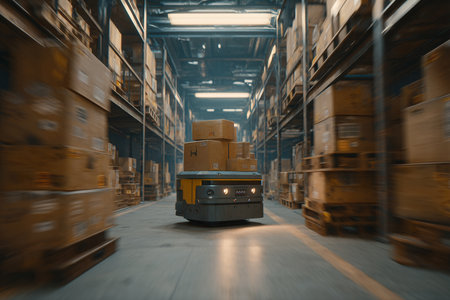 Automated cart organizes inventory, Wheeled machine transports stacked packages carefully, Selfdriven robot skillfully manages inventory movement amid densely packed shelving during operational hoursの素材