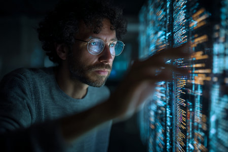 Programmer focuses on live code analysis, Developer reviews streaming logs behind transparent display at night, Nighttime debugging session with screens reflecting syntax and streaming server dataの素材