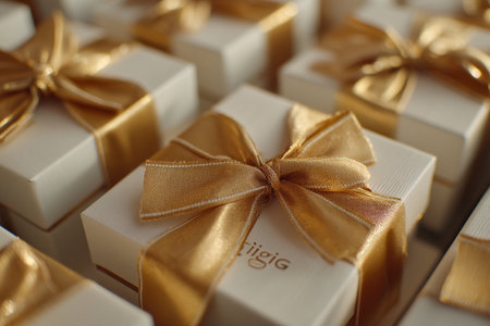 Gold ribbon gift boxes arranged for celebration, closeup of stacked elegant presents with satin bows, soft warm lighting, glossy texture and refined packaging ideal for corporate or wedding favorsの素材