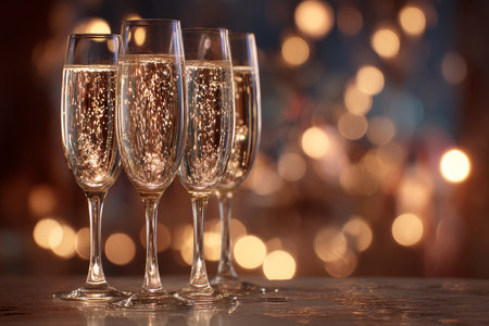 elegant celebration scene, chic marble table adorned with bubbling champagne for special events, sophisticated holiday or wedding ambiance featuring crystalclear glasses and glowing bokeh effectsの素材