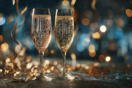 elegant celebration scene, chic marble table adorned with bubbling champagne for special events, sophisticated holiday or wedding ambiance featuring crystalclear glasses and glowing bokeh effectsの素材
