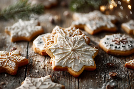 warm lighting accentuates seasonal cookie assortment, rustic table setting features colorful holiday cookie variety, closeup of freshly baked assorted holiday cookies with rich textures and colorsの素材