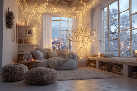 warm cozy sanctuary, inviting cozy environment designed for winter comfort and leisure reading, serene and comforting setting ideal for restful winter evenings and peaceful reading experiencesの素材