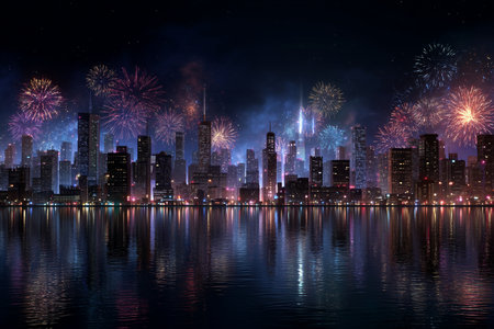 celebratory urban skyline illuminated vibrantly, nighttime metropolitan vista bursting with colorful fireworks and lights, city skyline at night illuminated with fireworks and vibrant neon displaysの素材