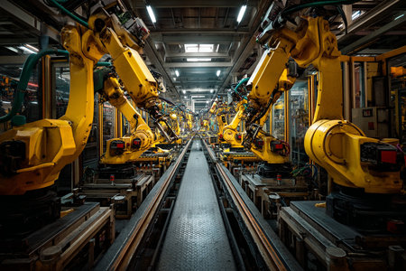 Automated technologies and mechanical arms facilitate efficient industrial operations, Advanced automation tools and robotic systems improve accuracy and productivity in manufacturing environmentsの素材