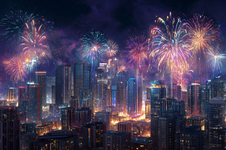 celebratory urban skyline illuminated vibrantly, nighttime metropolitan vista bursting with colorful fireworks and lights, city skyline at night illuminated with fireworks and vibrant neon displaysの素材