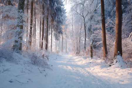 Calm winter forest scene, Serene frostcovered trees in winter, Peaceful snowdraped woodland bathed in warm sunlight, Quiet winter landscape featuring icy trees and gentle sunlight illuminating sceneの素材